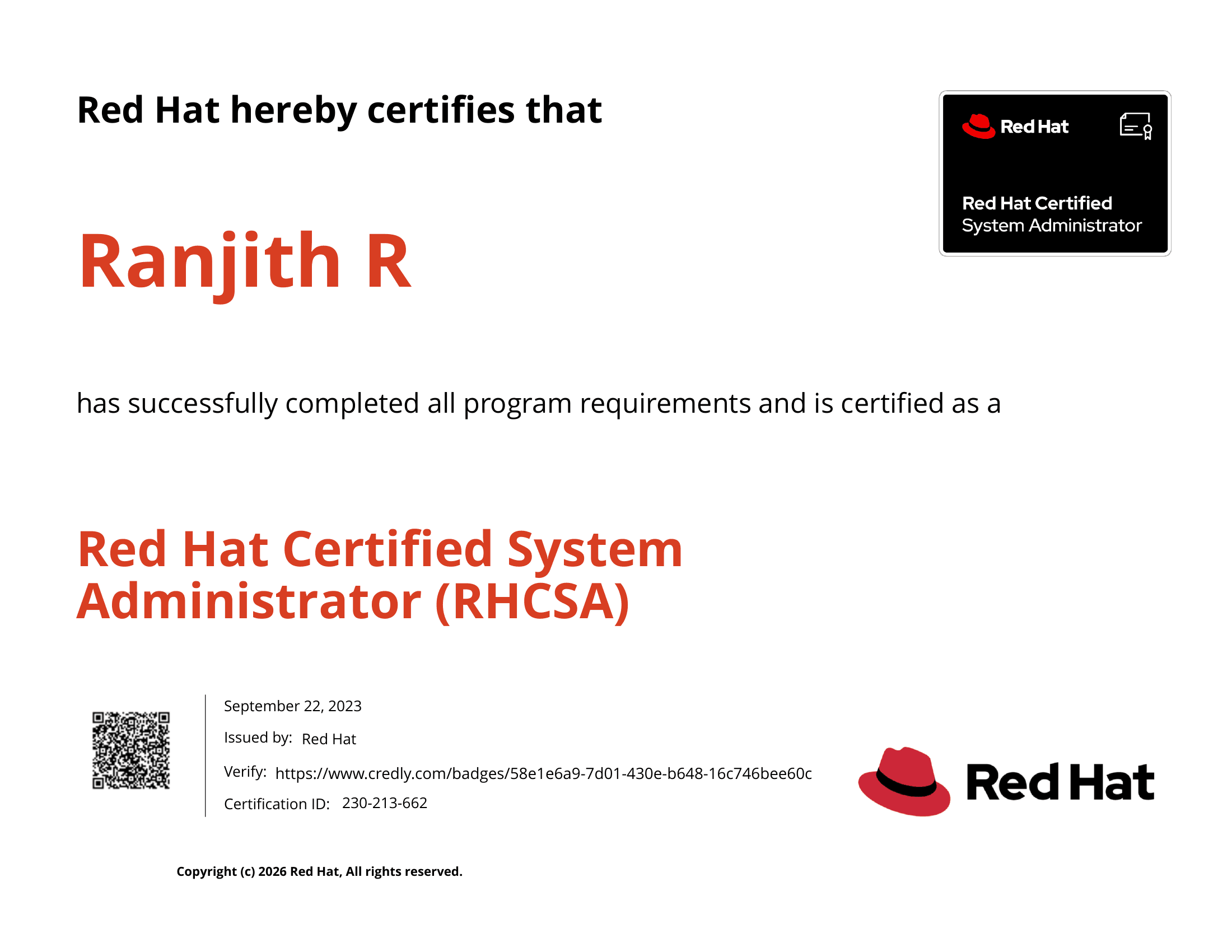 Red Hat Certified System Administrator (RHCSA) certificate preview